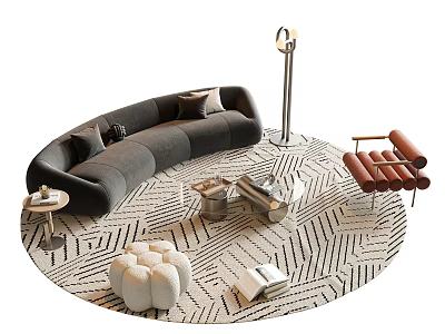 Modern Curved Gray Sofa and Coffee Table Set with Geometric Rug Metal Frame and Accent Chair 3d model
