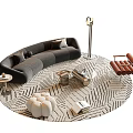 Modern Curved Gray Sofa and Coffee Table Set with Geometric Rug Metal Frame and Accent Chair