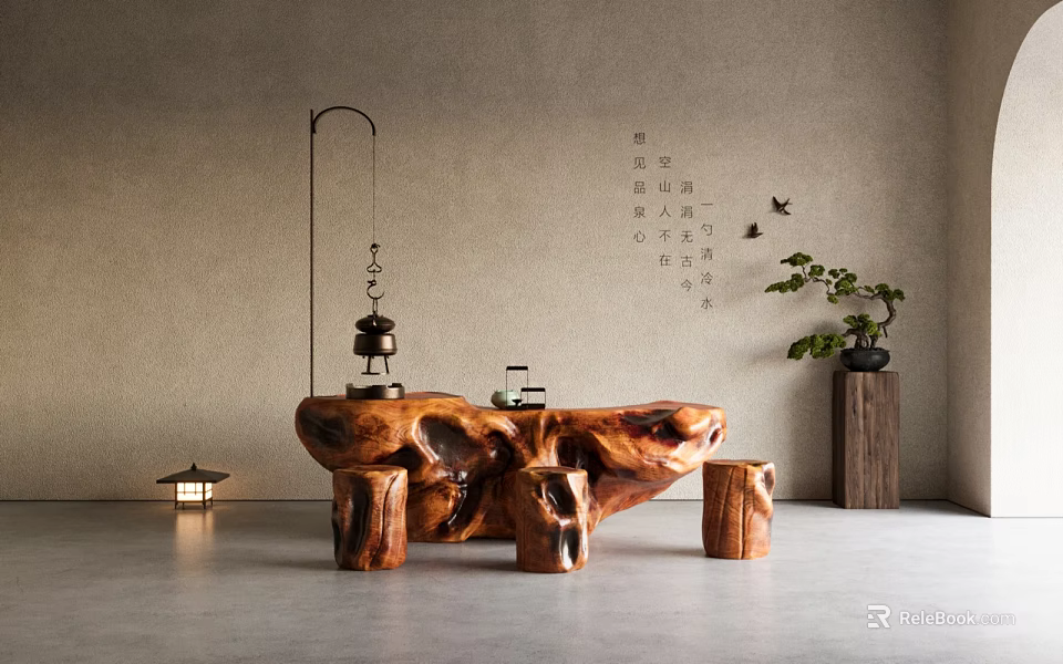 Natural Wood Stools With Log Tea Table Lantern Calligraphy And Green Plant 3d model 