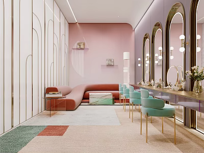 Modern Beauty Salon Interior With Pink Walls Curved Sofa Turquoise Chairs And Decorative Mirrors 3d model
