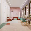 Modern Beauty Salon Interior With Pink Walls Curved Sofa Turquoise Chairs And Decorative Mirrors