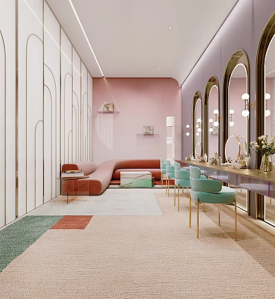 Modern Beauty Salon Interior With Pink Walls Curved Sofa Turquoise Chairs And Decorative Mirrors 3d model