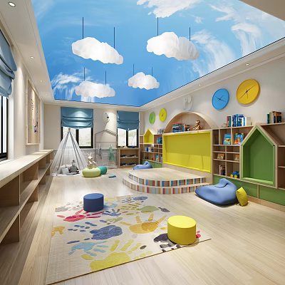 Playful Kindergarten Interior With Blue Sky Ceiling White Clouds Green Bookshelves Tent And Colorful Carpet 3d model