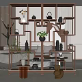Elegant Wooden Display Shelf With Vases Teapot Green Plants And Sculptures In Contemporary Interior