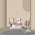 Kids Study Desk And Chair With Pastel Pink Design Storage Shelves And Round Lamp