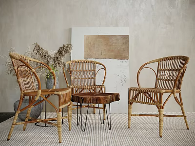 Natural Rattan Leisure Chairs In Minimalist Interior With Small Table Decorative Art And Dried Flowers 3d model