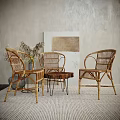 Natural Rattan Leisure Chairs In Minimalist Interior With Small Table Decorative Art And Dried Flowers