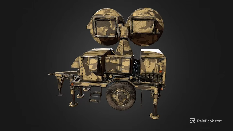 Military Style Camouflage Painted Industrial Equipment With Dual Circular Radar Antennas On Trailer Mounted Frame 3d model 