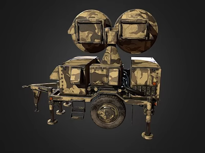 Military Style Camouflage Painted Industrial Equipment With Dual Circular Radar Antennas On Trailer Mounted Frame 3d model