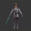 3D Character Model in Gray Blue Uniform With Hat Weapon and Belt Details