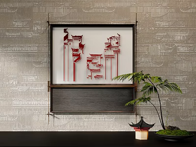 Wall Decor With Chinese Art Elements And Textured Wall 3d model