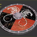 Red And Black Medieval Shield With Silver Rivets And White Dragon Designs