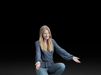Blonde Woman in Blue Polka Dot Blouse Jeans Squatting with Outstretched Hands Black Background 3d model