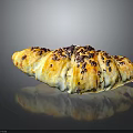 Golden Croissant With Dark Fruit Toppings Shiny Crust And Flaky Texture On Black Reflective Surface