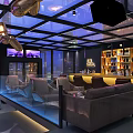 Modern Lunar Bar Interior With Open Counter Blue Lighting Fish Tank And Moon Decoration