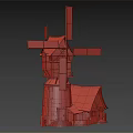 Traditional Windmill Building with Wooden Structure Stone Base Brown Roof and Small House