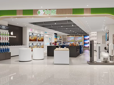 Modern Electronics Retail Store With Spacious Interior White Black Display Counters And Green Wooden Trim 3d model