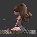 Girl with ponytail sitting on circular stone platform surrounded by blue butterflies and pink flowers