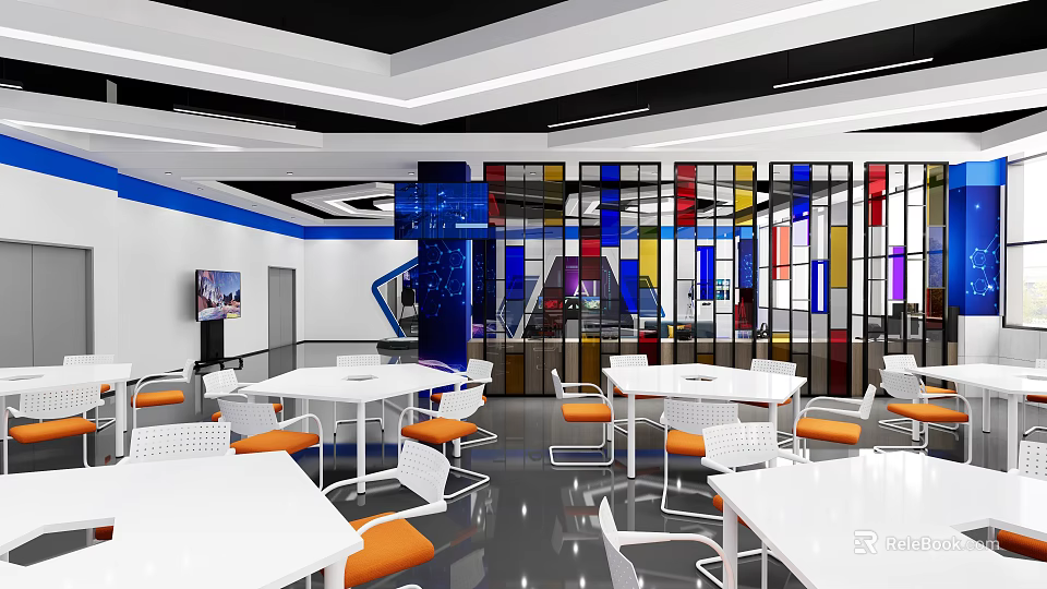 School Modern Lounge Space With White Tables Orange Chairs And Colorful Glass Partitions 3d model 