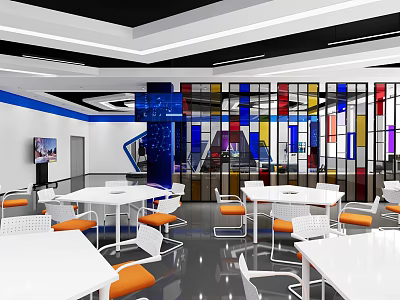 School Modern Lounge Space With White Tables Orange Chairs And Colorful Glass Partitions 3d model