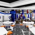 School Modern Lounge Space With White Tables Orange Chairs And Colorful Glass Partitions