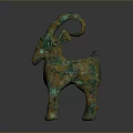 Ancient Bronze Goat Sculpture With Curved Horns And Green Gold Patina