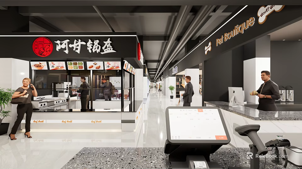 Shopping Mall Hall With Modern Design Bright Lighting Glass Storefronts Displayed Food And Customers 3d model 