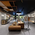 Modern Clothing Store Interior Featuring Wooden Ceiling Open Space Sofa Reception Desk And Display Area