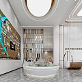 Elegant Marketing Center Interior Design With Chandeliers Reception Desk And Display Shelves