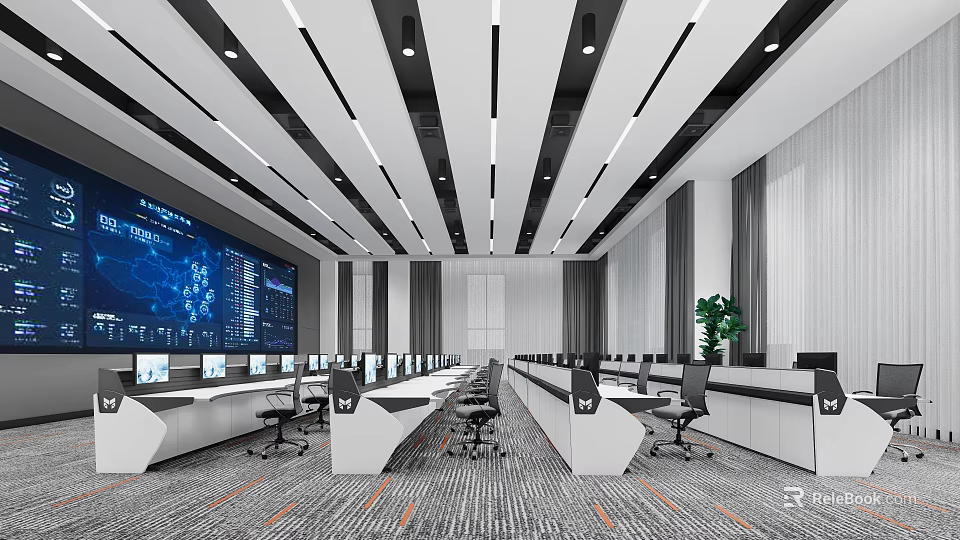 Modern Control Room Interior With Large Monitoring Screens Multiple Computers And Ergonomic Desks 3d model 