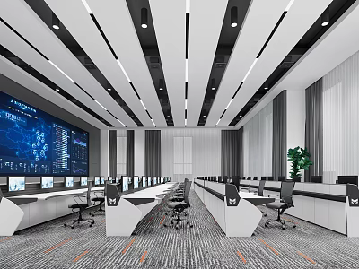 Modern Control Room Interior With Large Monitoring Screens Multiple Computers And Ergonomic Desks 3d model
