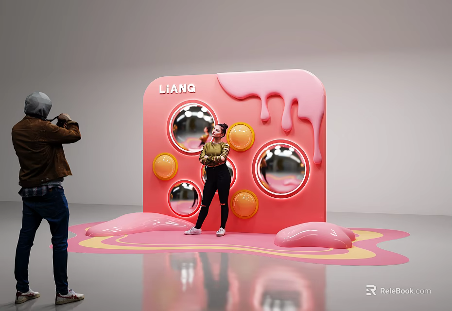 LIANG Pink Art Installation With Dripping Effect Mirrors And People Posing 3d model 