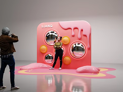 LIANG Pink Art Installation With Dripping Effect Mirrors And People Posing 3d model