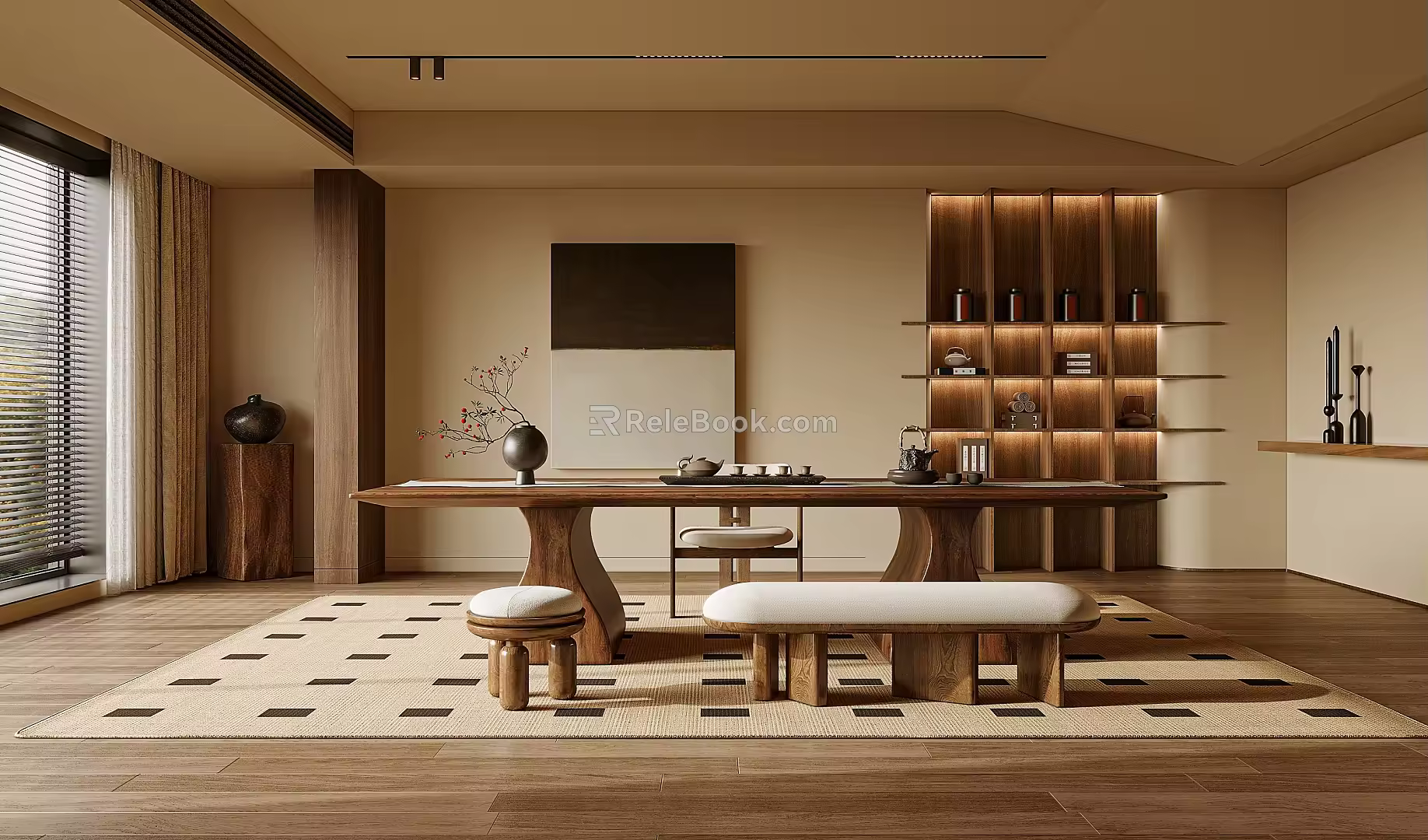 Quiet Style Tea Room Tea Table and Chair Combination Low Stool Bench 3d model