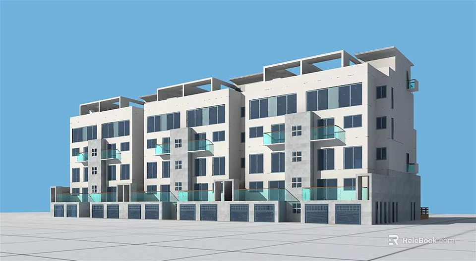 Modern Residential Building With White Exterior Large Windows And Glass Railing Balconies 3d model 
