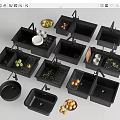 Multiple Black Kitchen Sinks with Faucets Fruits Vegetables Dishes and Drain Racks