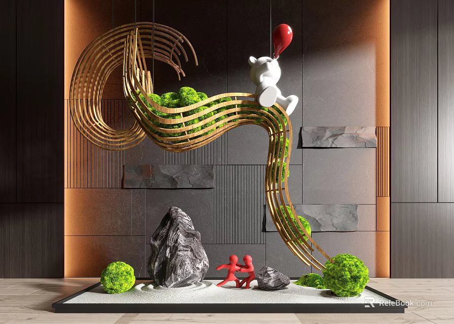 Interior Landscape Design With Golden Wave Structure Green Plants White Rabbit And Red Balloon 3d model 