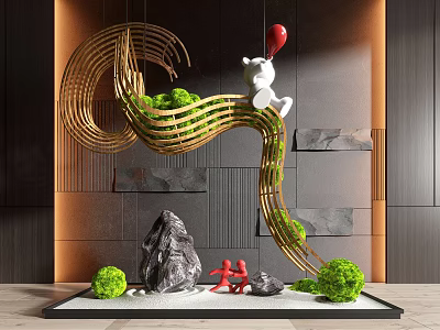 Interior Landscape Design With Golden Wave Structure Green Plants White Rabbit And Red Balloon 3d model