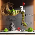 Interior Landscape Design With Golden Wave Structure Green Plants White Rabbit And Red Balloon