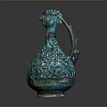 Turquoise Ceramic Sculpture Vessel With Intricate Carvings And Bird Head Design