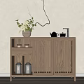 Minimalist Japanese Style Wooden Entryway Cabinet With Slatted Doors And Decorative Vase Teapot Jars