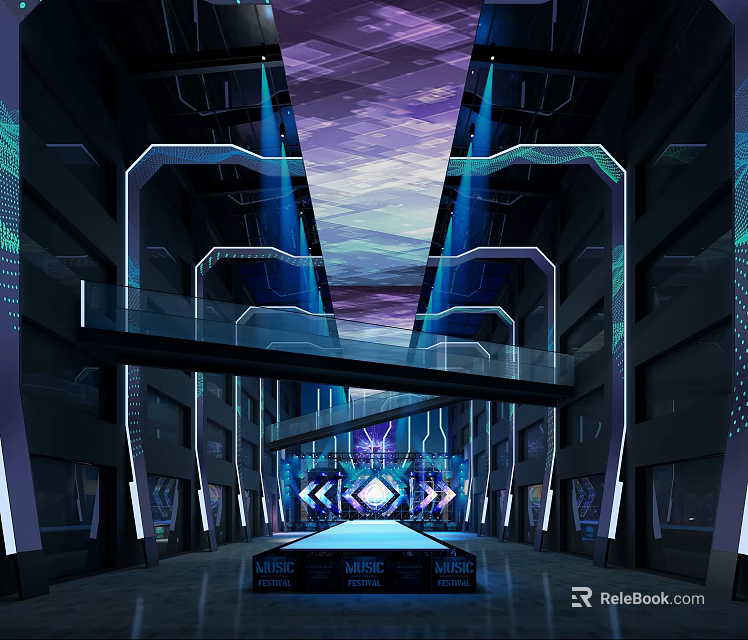 Futuristic Tech Interior With Illuminated Geometric Structures And Glass Walkway Lighting 3d model