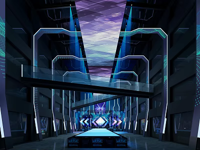 Futuristic Tech Interior With Illuminated Geometric Structures And Glass Walkway Lighting 3d model