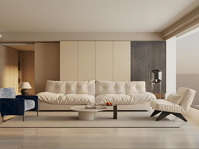 Modern Living Room Interior With Beige Sofa Blue Armchair Round Coffee Table And Neutral Tones 3d model