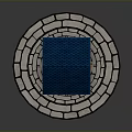 Traditional Well With Blue Roof Orange Wooden Frame And Bucket On Circular Stone Floor