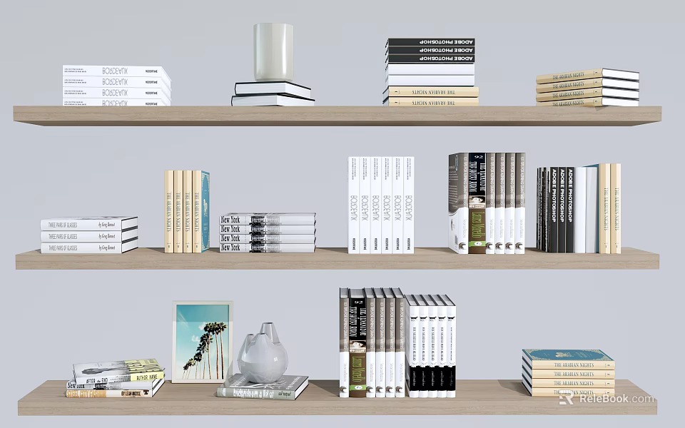 Organized Bookshelf With Multiple Shelves And Neatly Arranged Book Magazine Collection 3d model 