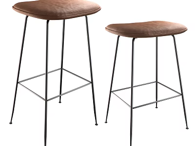 Two Modern Bar Stools With Brown Leather Seat And Black Metal Frame Design 3d model
