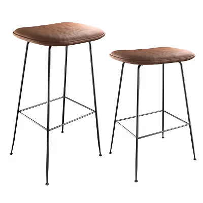 Two Modern Bar Stools With Brown Leather Seat And Black Metal Frame Design 3d model