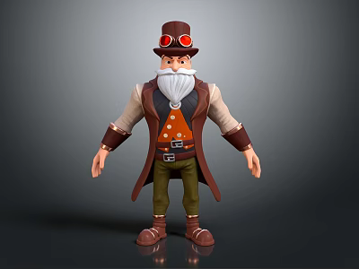 Steampunk Character With Top Hat Goggles Long Beard Brown Coat Green Pants And Brown Boots 3d model
