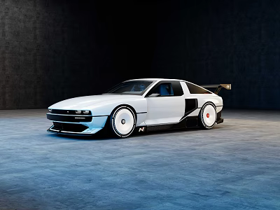 White Modified Sports Car Featuring Wide Body Rear Spoiler White Wheels In Empty Indoor Space 3d model